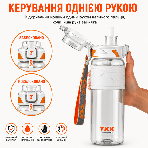 Бутылка спортивная TKK Tritan 1000 мл -Белая, ударопрочная, BPA-free, с ремешком и откидной крышкой | Зображення 5