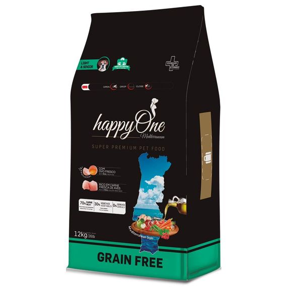 Корм happyOne Mediterraneum Lights & Senior Fresh Meat сухой со свежим мясом для малоактивных и пожилых собак 12 кг
