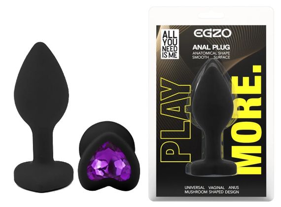Анальная пробка EGZO Black Heart Plug S с фиолетовым кристаллом, медицинский силикон Sex Aura