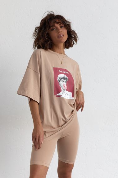 Женский костюм с футболкой oversize и велосипедками кофейный цвет M | Зображення 2