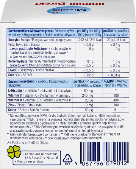 Вітаміни Mivolis Immun Direkt — імунна підтримка у стіках без води, вітамін C, вітамін D, цинк, селен, гістидин, 20 шт, Німеччина | Зображення 2