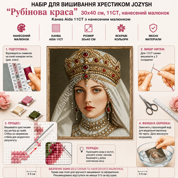 Набор для вышивки крестом JOZYSH "Рубиновая красота" 30х40 см, 11CT, нанесенный рисунок | Зображення 9