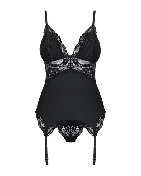 Сатиновий мереживний корсет Obsessive 810-COR-1 babydoll & thong S/M, чорний, корсет, танга | Зображення 4
