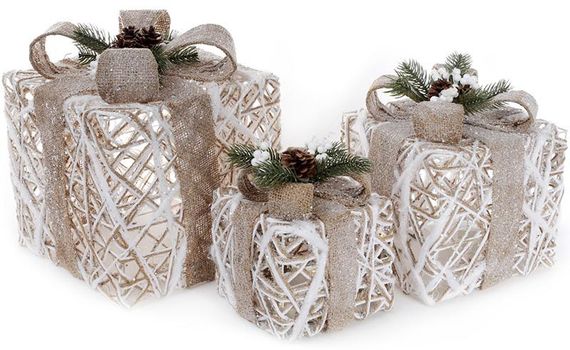 Набір декоративних подарунків - 3 коробки 15х20см, 20х25см, 25х30см з LED-підсвіткою, білий з бежевими бантами