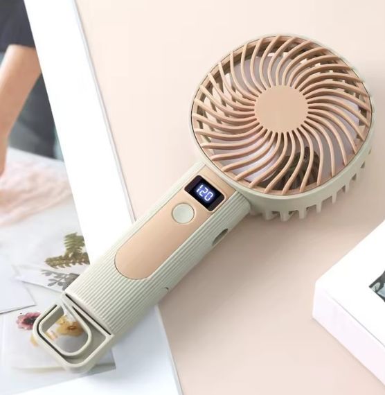 Портативний ручний вентилятор Handheld Fan FY083 пластиковий з підставкою та гачком LED дисплей 120 швидкостей 1 Вт Бежевий | Зображення 2