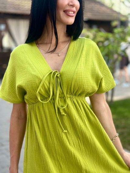 Жіноча довга літня сукня з мусліну легка із завищеною талією розмір 54/56 колір гірчичний GF58774 | Зображення 3