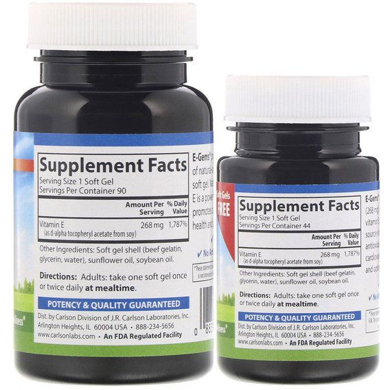 Витамин E Carlson Labs E-Gems Elite 268 mg (400 IU), 2 Bottles, 90+44 Softgels CAR-00349 | Зображення 1