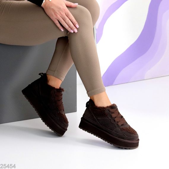 Теплые спортивные замшевые угги тедди на шнуровке цвет Шоколад | Зображення 7