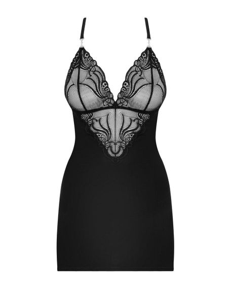 Сатиновий комплект для сну з мереживом Obsessive 828-CHE-1 chemise & thong, чорний, сорочка, стр, S/M | Зображення 4