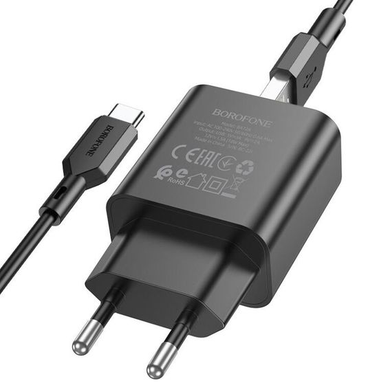 МЗП Borofone BA72A Spring QC3.0 (1USB-A) + кабель USB to Type-C Black | Зображення 1