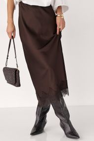 Атласна спідниця міді з мереживом - коричневий цвет, S (є розміри)