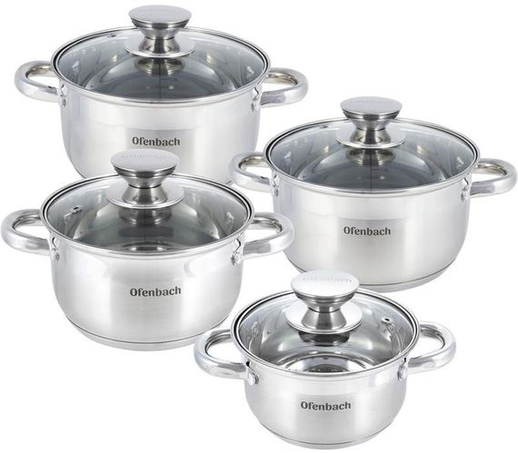 Набір 4 каструлі Ofenbach Casserole із нержавіючої сталі (1.1л, 1.7л, 2.4л, 3.4л) зі скляними кришками