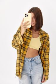Сорочка в клітинку з необробленими краями - гірчичний цвет, ONE SIZE (є розміри)