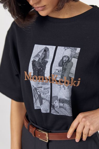 Однотонна жіноча футболка oversize з контрастним написом - чорний цвет, ONE SIZE (є розміри) | Зображення 3