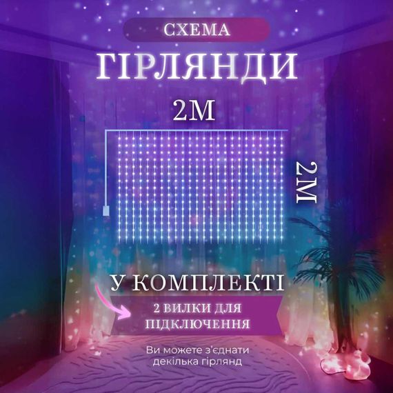 Гирлянда штора 2х2 м 240 LED светодиодная медный провод 8 нитей ZWM2240LEDML | Зображення 2