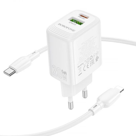 МЗП Borofone BN27 Fuente PD20W+QC3.0 (1USB-A/1C) + кабель Type-C to Lightning White | Зображення 1