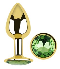 Анальная пробка EGZO Gold Round Plug S с зелёным кристаллом, металлическая для длительного ношения Sex Aura