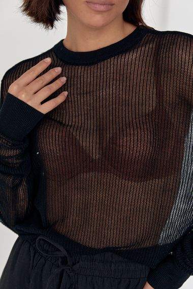 Вязаная ажурная кофта oversize в сеточку черный цвет L | Зображення 3