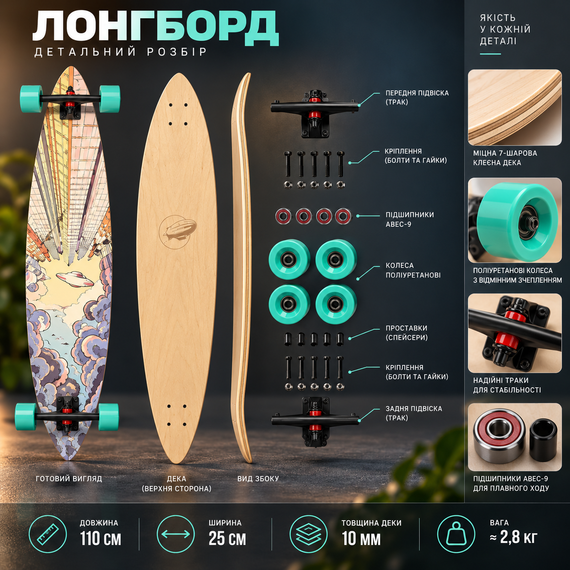 Лонгборд-крузер Cloudride Cruiser 78 для уличного серфинга 110×25 см - городской лонгборд для круизинга | Зображення 2