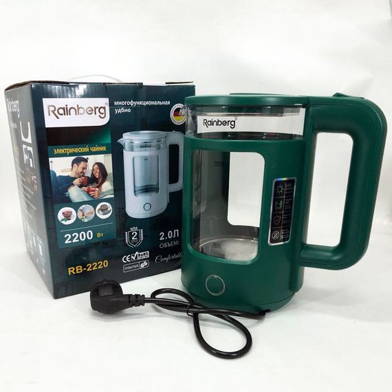 Електрочайник Rainberg RB-2220 скляний дисковий прозорий. Чайник із підсвічуванням 2200W. EO-789 Колір: зелений | Зображення 9