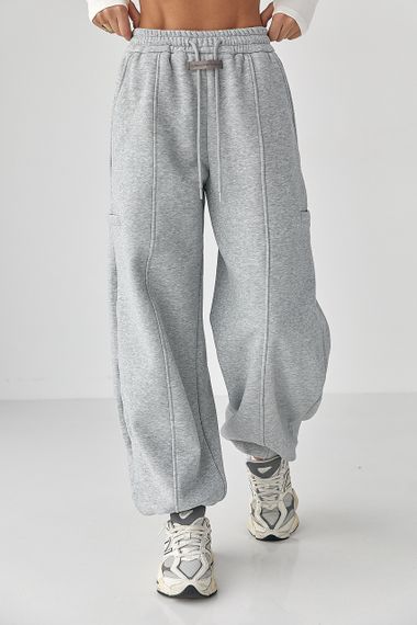 Однотонні теплі спортивні штани із затяжками внизу - світло-сірий цвет, XL (є розміри)