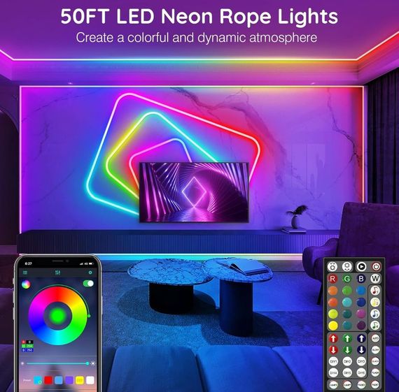 Гибкая светодиодная неоновая лента RGB 15 м с синхронизацией музыки (12-24 V), пульт | Зображення 2