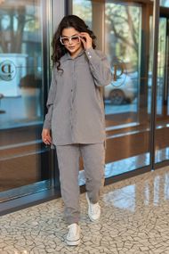 Женский трендовый вельветовый костюм рубашка + джоггеры SS149 размер 52/54 цвет серый