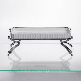 Порцелянове блюдо для сервірування на металевій підставці 37×18×5 (см) блюдо для подачі закусок Білий зі сріблом LB-1566S