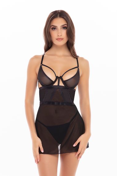 Прозорий пеньюар із трусиками 2PC BONDAGE STRAPPING CHEMISE SET BLACK, S/M