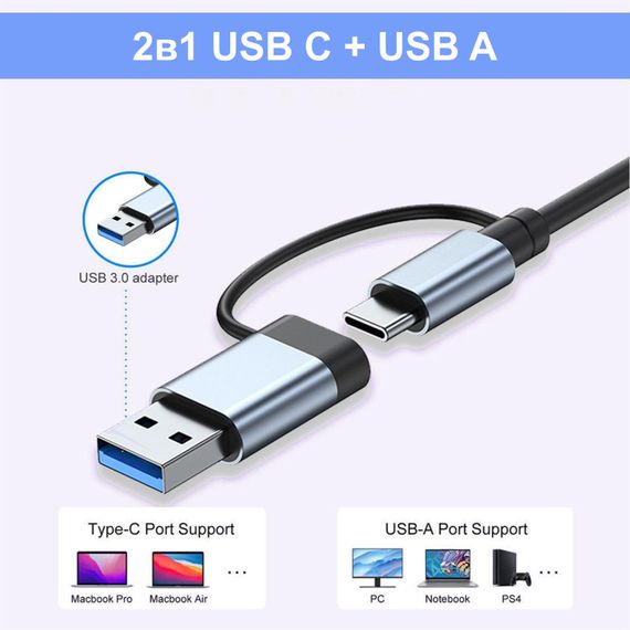 Мультифункциональный USB type-C хаб – разветвитель для ноутбука Addap MH-15D | Адаптер 7в1: USB 3.0 + USB 2.0 + SD + MicroSD + Type-C +  PD | Зображення 5