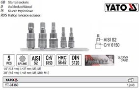 Набір головок зі вставкою SPLINE 1/4": M5,M6 3/8": M8,10, 12 5 штук YT-04360