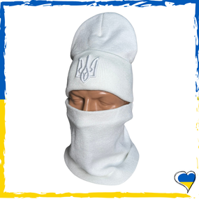 Комплект білий з гербом шапка и баф на флісі унісекс. Набір теплий. Чоловічий, жіночий, підлітковий, дитячий