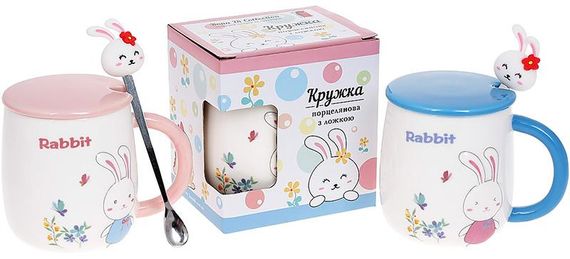 Кружка порцелянова "Rabbit" 430мл з кришкою і ложкою, 3 дизайни | Зображення 1