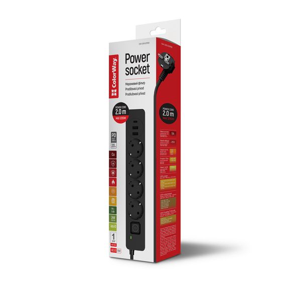 Мережевий фільтр живлення ColorWay CW-CHE432PDB, 4 розетки/3USB 2M (CW-CHE432PDB) | Зображення 5