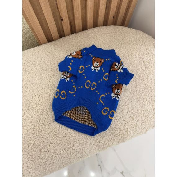 Брендовый свитер для собак GUCCI с коричневыми мишками и значками бренда, синий | Зображення 1