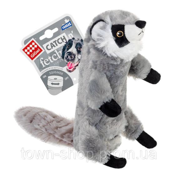 Игрушка для собак Шкурка енота с бутылкой пищалкой GiGwi Catch&fetch, искусственный мех, пластик, 51 см | Зображення 1
