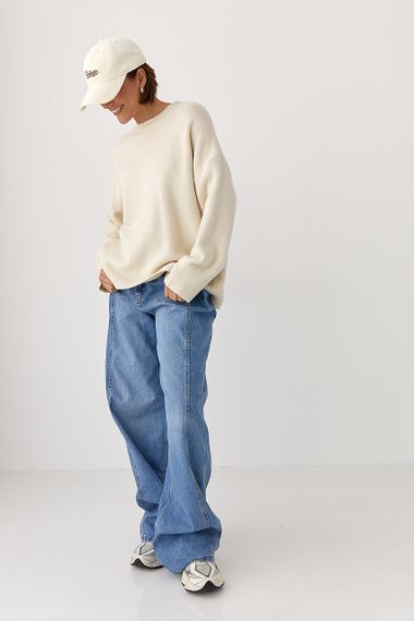 В’язаний однотонний джемпер вільного фасону - молочний цвет, ONE SIZE (є розміри) | Зображення 2