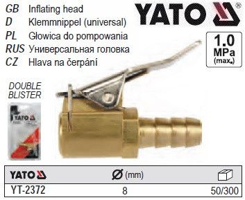 Наконечник до ніпеля колеса зі з'єднання єднанням до шлангу YATO : Ø=8 мм [50/300] YT-2372