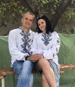 Вышиванка парная , джинсовая, синяя вышивка, домотканное полотно орнамент " Берегиня"  размеры мужские (ворот) 42,43,45 женские размеры  46,48,50,52,