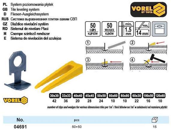 Клипси клинья Польша кліпси клини для плитки 50+50 штук VOREL-04691