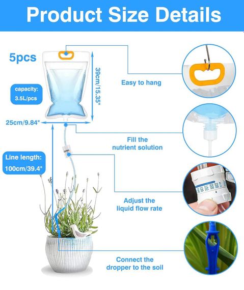 Автоматична система крапельного поливу рослин 5 мішків резервуарів об'єм 3.5 л, зрошення кімнатних квітів  із регульованим потоком | Зображення 2