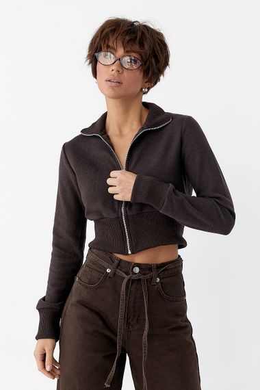 Короткий кардиган на блискавці з коміром-стійкою - коричневий цвет, M (є розміри)