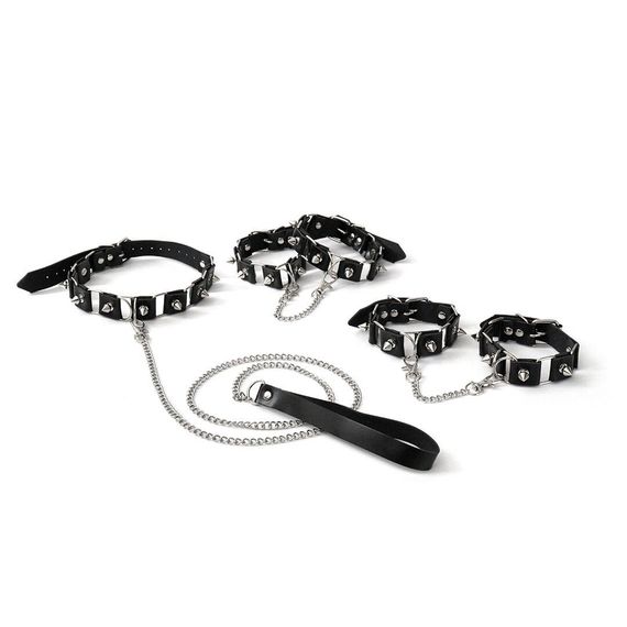 Бондажный набор: ошейник с поводком, наручники и поножи Art of Sex - Cassandra, цвет черный sexstyle