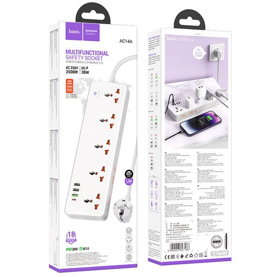 Подовжувач Hoco AC14A Rico PD30W (3USB-A/1C/5xSocket) (1.5m) White | Зображення 5