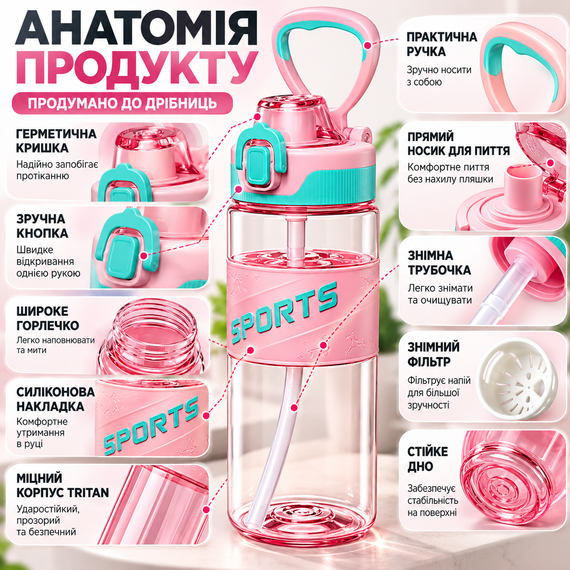 Бутылка для воды KANGZYUAN розовая 500 мл Tritan BPA Free спортивная ударопрочная с трубочкой и герметичной крышкой | Зображення 1