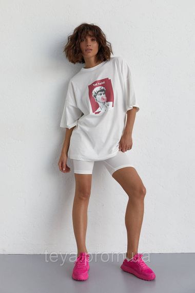 Жіночий костюм з футболкою oversize і велосипедками колір молочний розмір S FL_000356 | Зображення 5