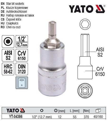 Головка торцева вставка 6 гранна HEX 1/2" М12х55 мм Польща YATO YT-04386 | Зображення 1