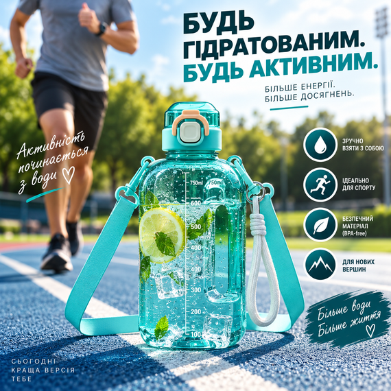 Спортивна пляшка для води ST-YIBEN 750 мл з ремінцем — багаторазова з еко-пластику BPA-free, герметична кришка, бірюзова | Зображення 4