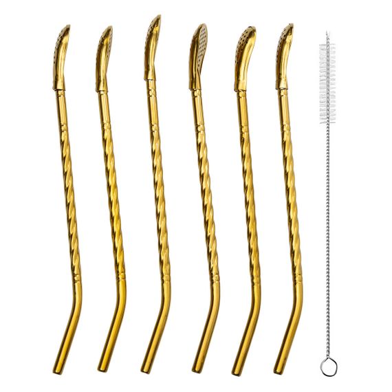 Набір багаторазових ложок-трубочок 6 шт для напоїв 19,5 см з щіткою Золотистий HP-20-56