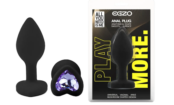 Силіконова анальна пробка EGZO — Silicone Black Heart Plug Amethyst, розмір S Sex Aura